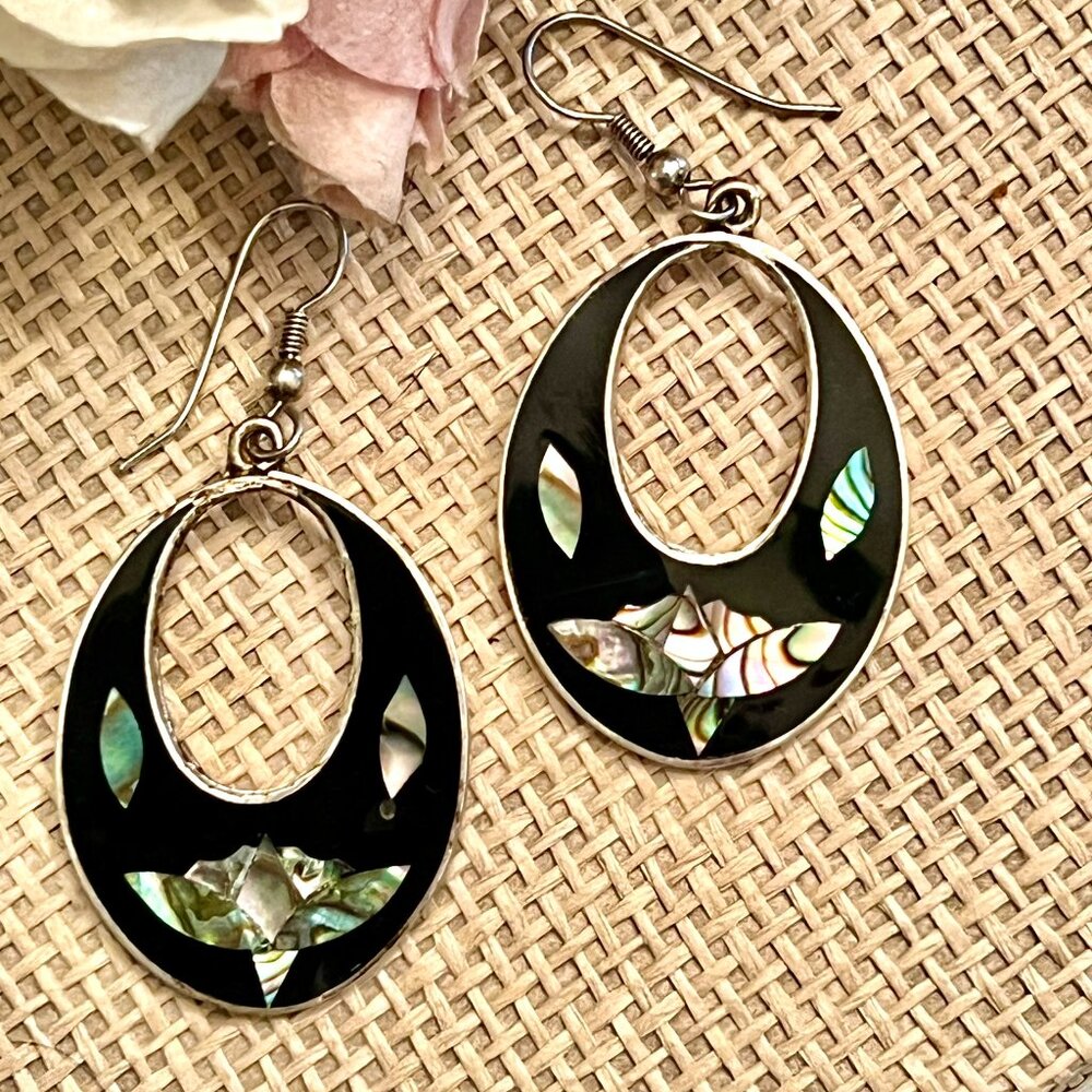 Pair of Vtg MEXICAN ALPACA SILVER Dangle Fish Hook EARRINGS~Abalone Inlay&Enamel